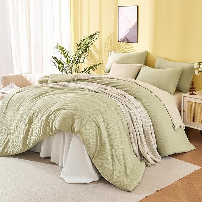 Queen Size Comforter Set Desert Sage, 3 Pieces Double-Layer Crinkle Yarn Bedding, All-Season Lightweight Warmth with 2 Pillowcases