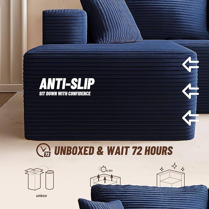 138" Boneless Couch with Deep Seat, Modular Sectional Sofa, Cloud Sectional Couch for Living Room, No Assembly Required, Corduroy, 4 Seater L-Shape Right, Blue