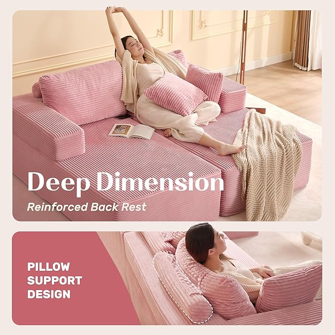 Chaise Lounge Chair, Boneless Couch for Living Room and Bedroom, Sleeper Couches Reading Chairs, Corduroy, Pink
