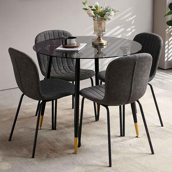 Glass Round Dining Table Set for 4, 35.43" Round Kitchen Table Transparent with 4 Upholstered Accent Chairs Space Saving Dining Chairs for Small Spaces