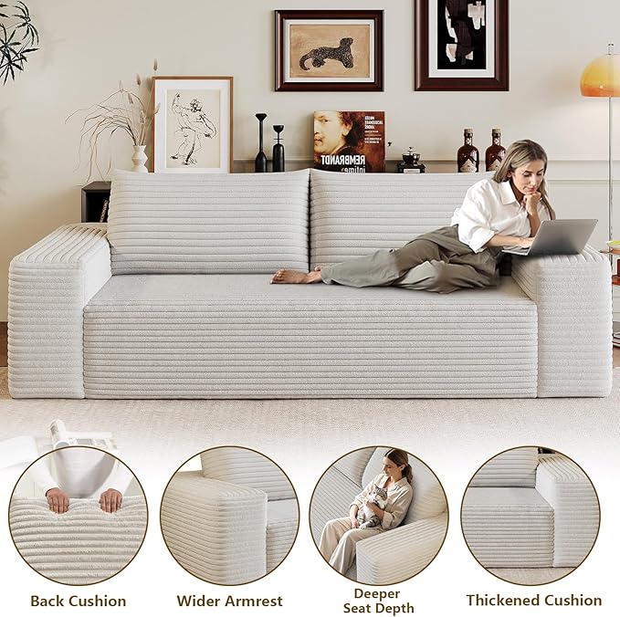 63" Boneless Loveseat Sofa - Cloud Couch with Memory Foam, Comfy Deep Seat - Corduroy Floor Sofa, No Assembly Required - Small Space Friendly for Living Room, Bedroom, Apartment, White