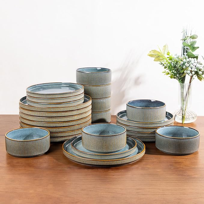 GBHOME Stoneware Dinnerware Sets for 8,Round Reactive Glaze Ceramic Plates and Bowls Set,Highly Scratch Resistant| Dishwasher & Microwave Safe Dishes Set,Service for 8(24pcs)
