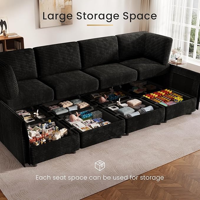 KKL Modular Sectional Sofa L-Shaped 4 Seater Couch with Storage Ottoman, Plush Wide-Wale Corduroy Couch for Living Room, Apartment, Modern Design, Black