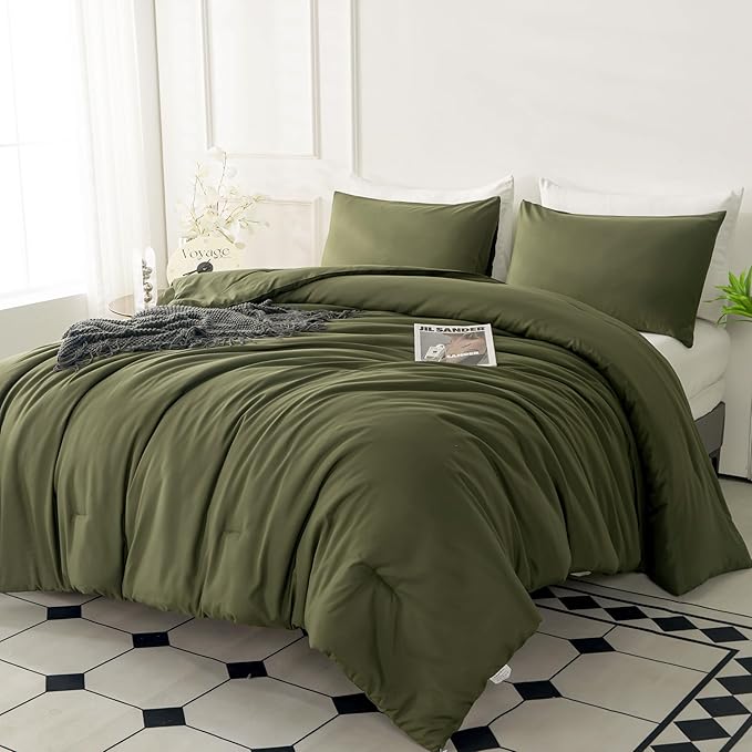 Green Full Comforter Set - 3 Pieces Army Green Bedding Comforter Set - Soft, Lightweight, Warm & Fluffy - 1 Comforter, 2 Pillowcases