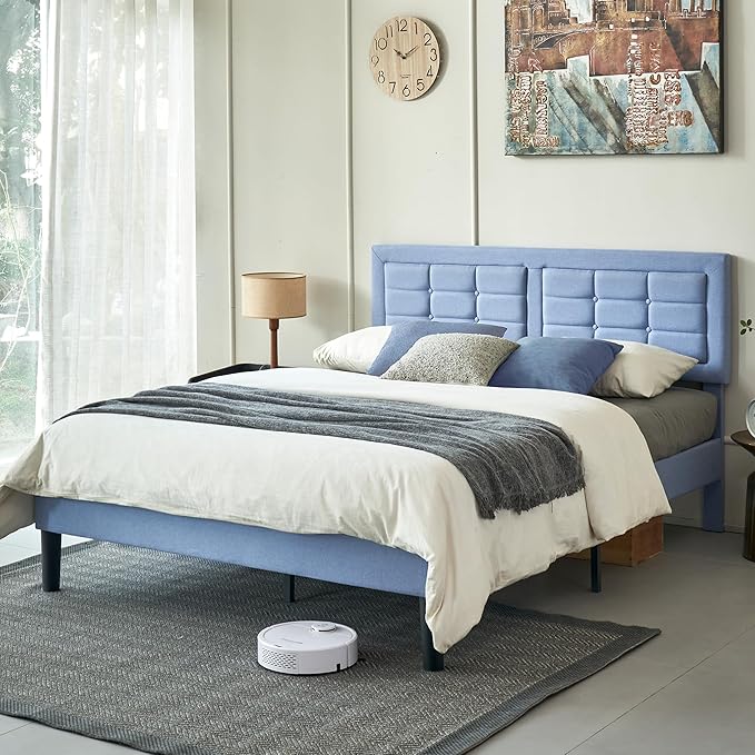 VECELO Queen Size Bed Frame with Adjustable Headboard, Upholstered Button Tufted Platform Bedframe with Wood Slats Support, No Box Spring Needed, Light Blue