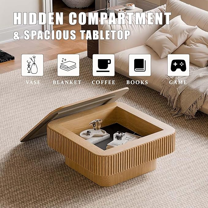 31.5'' Small Square Coffee Table with Storage, Fluted Coffee Table with Solid Wood Veneered, Mid Century Modern Wooden Center Table, Accent Tea Table for Small Space Living Room Apartment, Natural