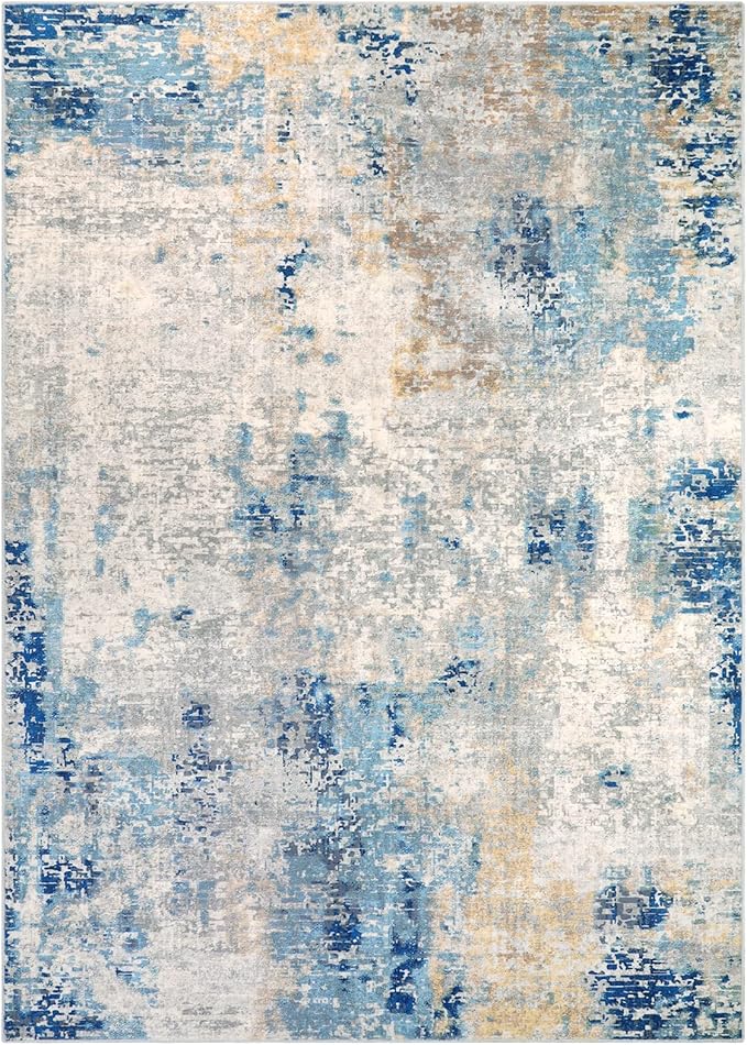 Lahome Modern Abstract Washable Area Rugs 5x7, Soft Living Room Rug Non Slip Stain Resistance, Faux Wool Floor Carpet for Bedroom Dining Room Nursery Kids Playroom,Blue/Grey