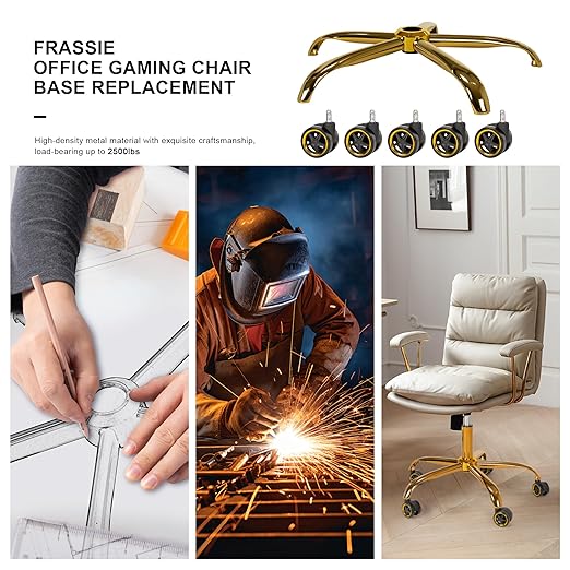 Frassie Office Chair Base Replacement with Wheels, Heavy Duty 2500LBS Metal Stool Chair Base, 28 inch Desk Chair Base Replacement Part (Gold)