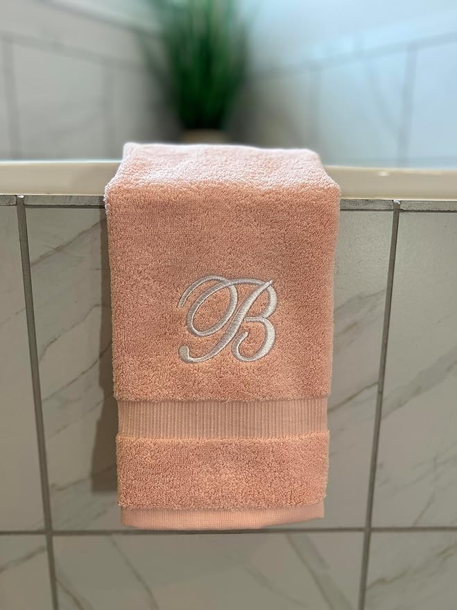 Pink Monogrammed Hand Towels for Bathroom - Luxury Hotel Quality Personalized Initial Embroidered Towel for Powder Room, Spa - GOTS Organic Certified - Set of 2 White Letter S