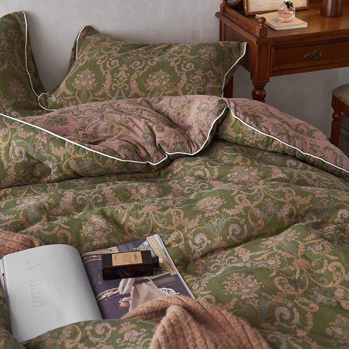 EAVD Paisley Floral Comforter Set Queen Soft 100% Muslin Cotton Boho Green Bedding Set with 2 Pillowcases Vintage Floral Botanical Comforter Set for All-Season