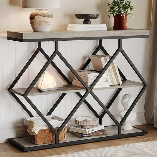 Garvee 3-Tier Entryway Table, Industrial Console Sofa Table with Storage, Accent Table with Open Shelves, Diamond-Shaped Metal Frame, Foyer Table for Entryway, Hallway, Gray