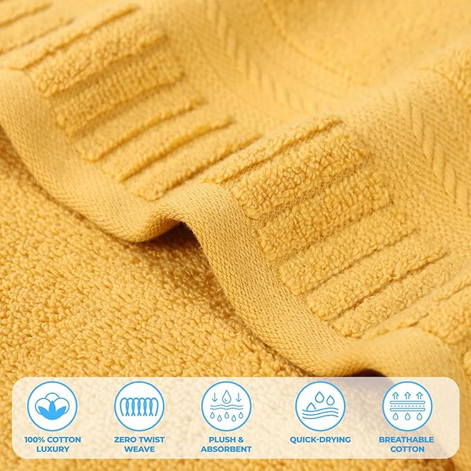 Superior Venice Zero Twist Cotton Medium Weight Towels, for Guest Bath, Bathroom, Shower, Spa, Plush Towels, Bath Essentials, Ribbed Textured Border, Bath Towels, Set of 2, Gold