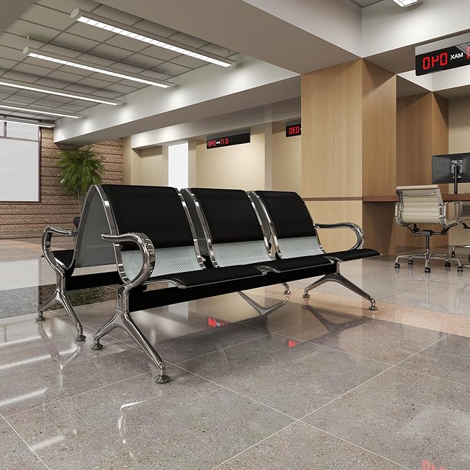 Kinfant 3-Seat Waiting Room Bench Set - PU Leather Office Chair Guest Reception Waiting Room Chair for Airport, Hospital, Bank, Salon, Barbershop(Black, Set of 2)