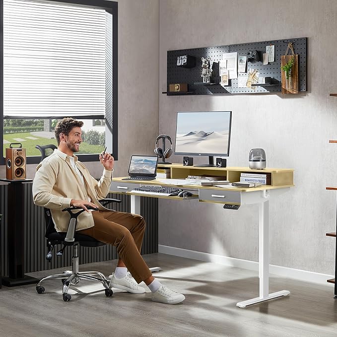 63 Inches Electric Standing Desk with Keyboard Tray, Height Adjustable Sit to Stand Table with 2 Drawers, Ergonomic Home Office Desk with Storage Shelf, Computer Table, Oak