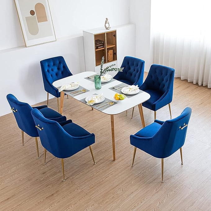Modern Dining Chair Set of 4, Mid-Century Room Chair, Upholstered Comfortable Velvet with Back Pull Rod and Metal Legs for Kitchen, Dining, Living (Blue) (DYXSD)