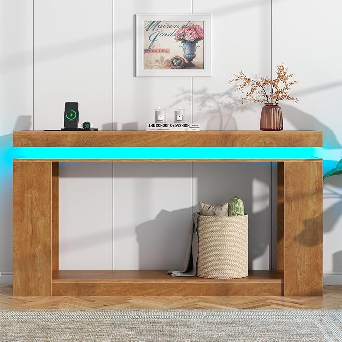 Loomie 63" Long Console Table with LED Lights & Power Outlet, 2-Tier Farmhouse Sofa Table Behind Couch with Storage, Narrow Entryway Tables with Heavy Duty Base for Living Room, Hallway (Natural)