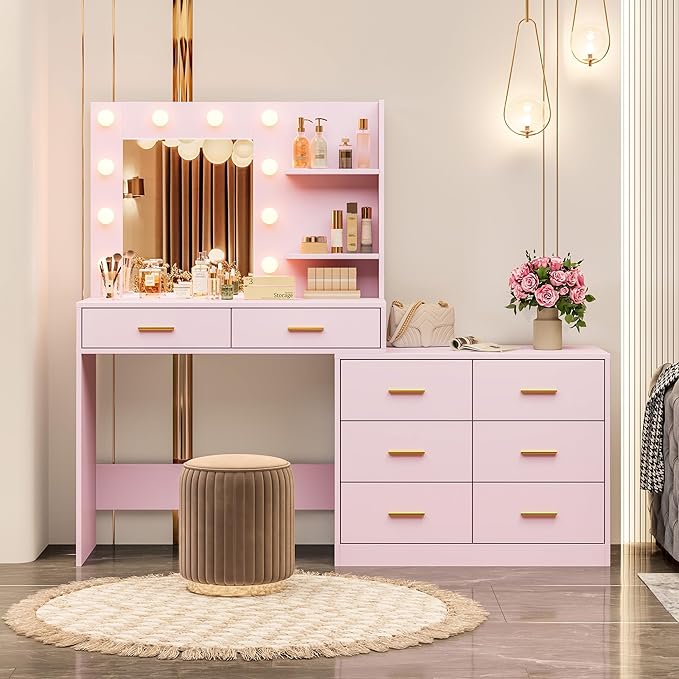 GarveeHome 61" Make up Vanity Desk with Mirror and Lights, Pink Vanity with 8 Wide Storage Drawers & 2 Tier Shelves, 3 Lighting Modes with Adjustable Brightness for Bedroom