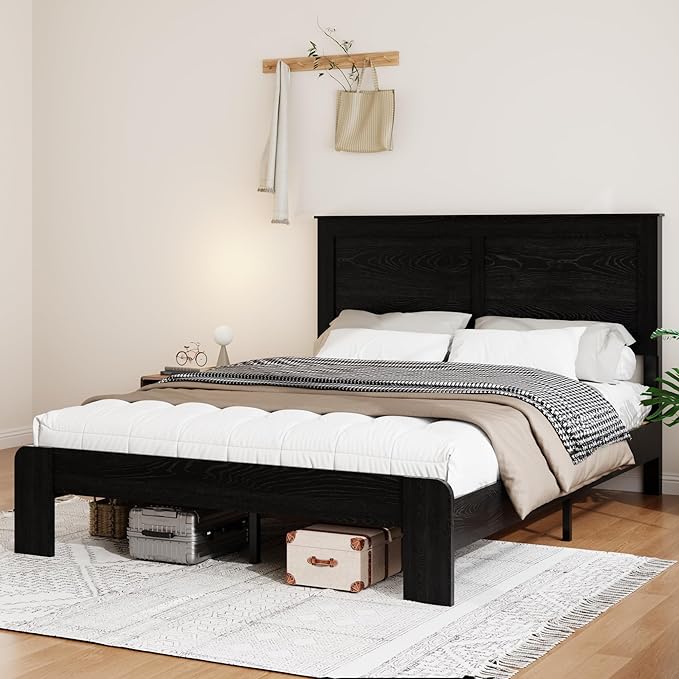 Wooden Bed Frame King Size with Headboard, Farmhouse Platform Bedframe with Wood Slat Support, Sturdy Framework Bed Frame, Easy Assembly (Rustic Black)