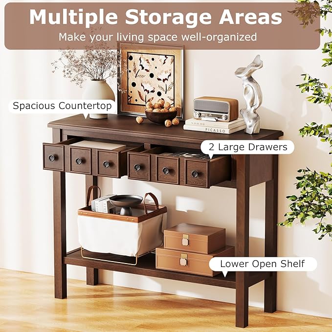 Giantex 2-Tier Narrow Console Table, 38" Retro Entryway Table with 2 Drawers and Open Storage Shelf, Wood Accent Sofa Tables for Living Room, Foyer, Hallway, Bedroom, Entrance