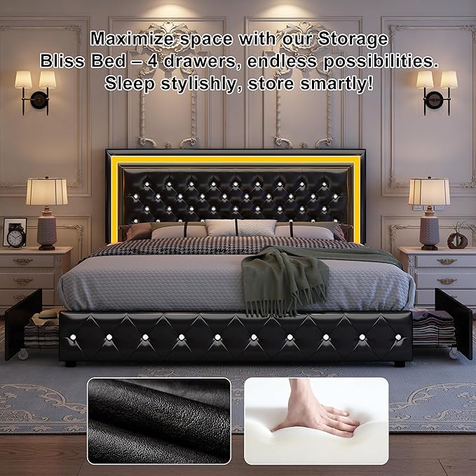 King Led Bed Frame with 4 Storage Drawers, Bed Frame with Led Lights No Box Spring Needed, 900 lbs Capacity, Easy Assembly, PU Black