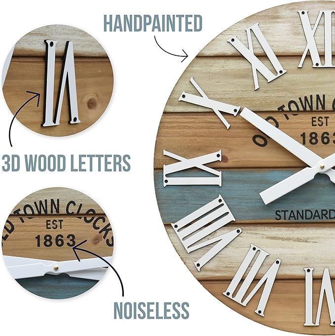 30" Wooden Multi-Color Maritime Coastal Beach Large Roman Wall Clock (Blue, 30 inch)