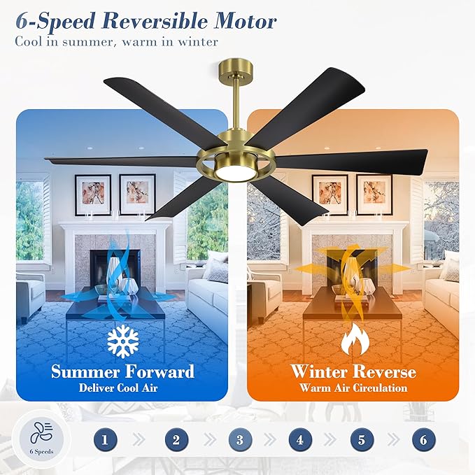 ELEHINSER 60" Ceiling Fan with Lights - 6 ABS Plastic Blades, 3 Downrods, 6-Speed Reversible DC Motor, 3CCT, Windmill Ceiling Fan for Kitchen Bedroom Living Room, Brass and Black