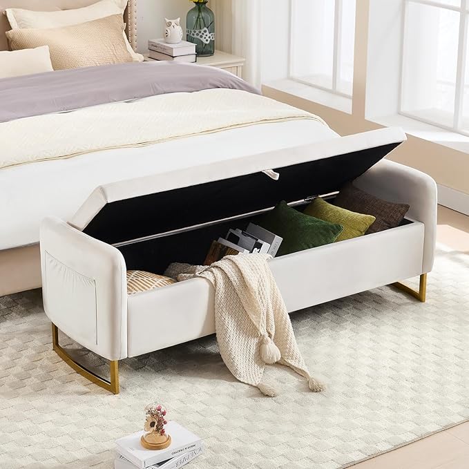 65" End of Bed Storage Bench King Size, Storage Ottoman Bench with Tufted Button Upholstered and Gold Legs, Bedroom Benches with Armrests for Living Room Window and Entryway, Beige
