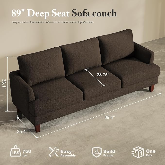 3 Seater Sofa Couch with Deep Seats, 89" Mid Century Modern Upholstered Sofa with Armrests, Comfy Couches for Living Room, Bedroom, Apartment and Office (Brown)