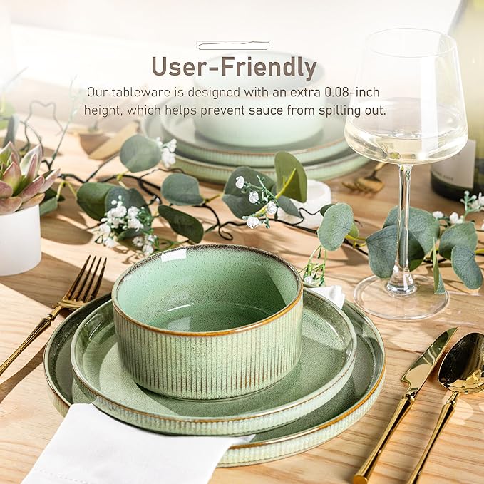 GBHOME Stoneware Dinnerware Sets for 4,Round Reactive Glaze Ceramic Plates and Bowls Set,Highly Scratch Resistant | Dishwasher & Microwave Safe Dishes Set,Service for 4(12Pcs),Pastel Green