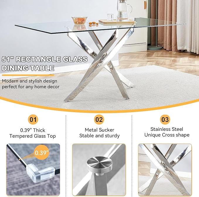 51-Inch Glass Dining Room Table for 4-6 People, Modern Rectangular Kitchen Dining Table with Silver Cross-Shape Stainless Steel Legs for Apartment Kitchen Dining Room