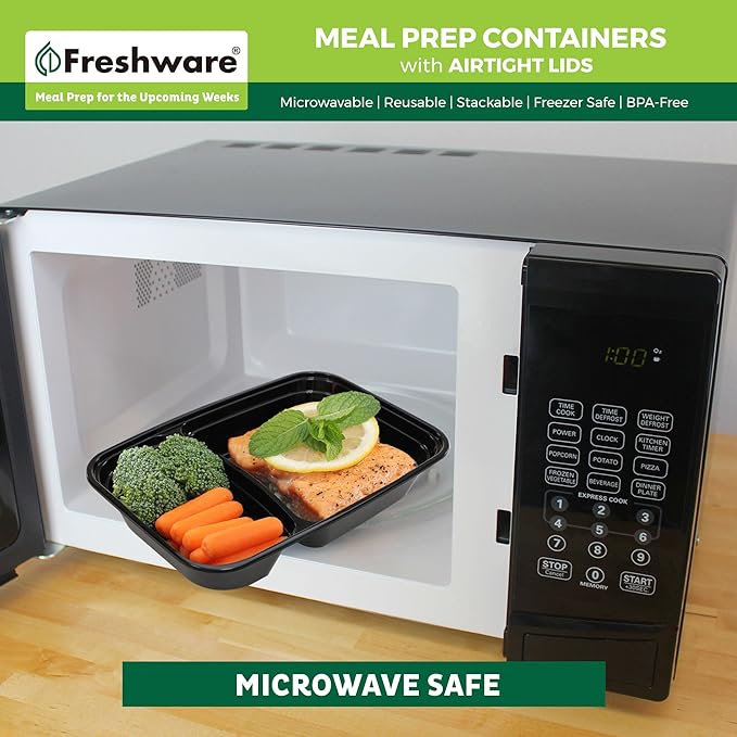 Freshware Meal Prep Containers [15 Pack] 2 Compartment with Lids, Food Storage Containers, Bento Box, BPA Free, Stackable, Microwave/Dishwasher/Freezer Safe (28 oz), Black