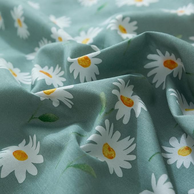 EAVD Fresh Garden Style Daisy Floral Queen Comforter Set Sage Green Fluffy Soft Microfiber Chic Flower Bedding Set for Girls Women Vintage Style Botanical Comforter Set for All-Season