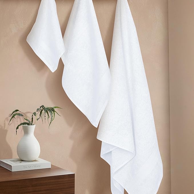 BOUTIQUO Ultra Soft 3 Pack Cotton Towel Set, Contains a Bath Towels 27x54 inch, a Hand Towels 16x24 inch & a Wash Coths 12x12 inch, Ideal Everyday use, Compact & Lightweight - White