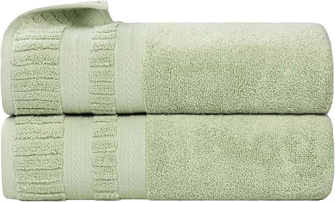 Superior Venice Zero Twist Cotton Medium Weight Towels, for Guest Bath, Bathroom, Shower, Spa, Plush Towels, Bath Essentials, Ribbed Textured Border, Bath Towels, Set of 2, Green