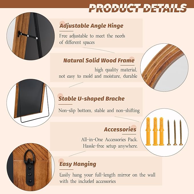Antok Full Length Mirror 76"×41" Floor Mirror Standing Tall Mirror, Arched Stand up Large Wall Mirrors, Freestanding Full Body Mirrors for Bedroom Living Room Wood Vintage Style Brown