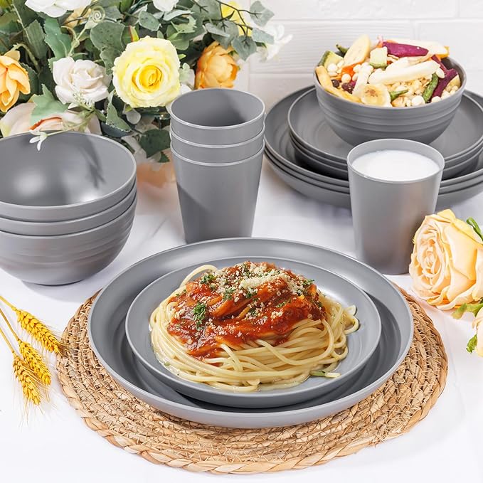 LIYH 16 Pcs Grey Wheat Straw Dinnerware Sets Unbreakable Dinnerware Sets for 4 Plates and Bowls Set Plastic Plates Reusable Straw Tableware Dish Set for 4 Include Plate Bowl Cup
