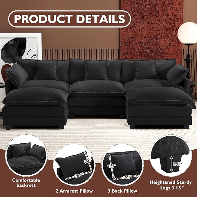 Ihanherry U-Shaped Modern Sofa 111.4" Modular Sectional Cloud Couch with 2 Ottoman, 5-Seat Chenille Deep Seat Sofa with 5 Pillows for Living Room, Black