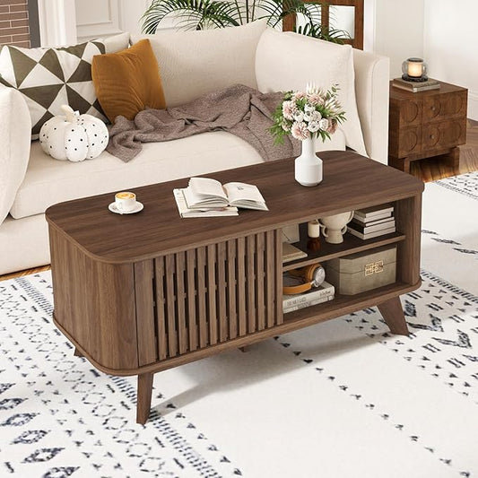 Giantex Coffee Table with Storage, Mid Century Modern Tea Table with Adjustable Shelves & 2 Doors, Wood Coffee Tables w/Fluted Design, Rectangular Farmhouse Center Table for Living Room, Bedroom