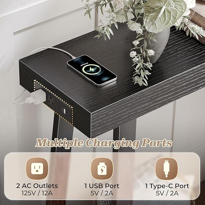 Huuger Entryway Console Table with Charging Station, USB-C Port, 47.2 Inch Sofa Table with Metal Legs, Entry Hallway Table with Thicker Desktop, Modern Behind Couch Table, Black