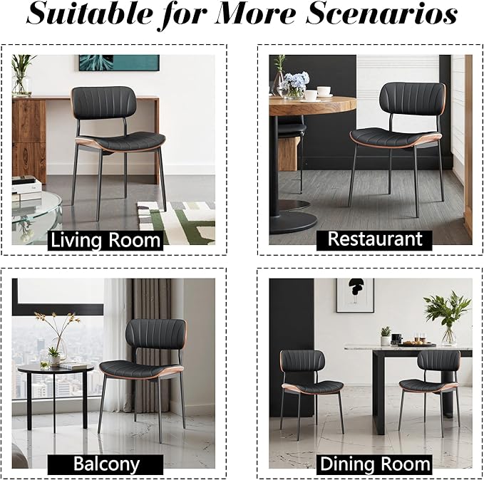 Modern PU Leather Dining Room Chairs Set of 6, Upholstered Kitchen Chairs with Walnut Bentwood Back and Metal Legs Adjustable Feet for Kitchen Dining Room(Balck)