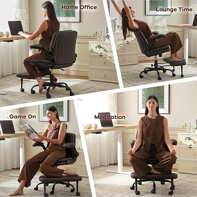 Cross Legged Office Chair: ADHD Criss Cross Desk Chair with Wheels & Stretchable Rotating Footrest - Height Adjustable Wide Yoga Kneeling Meditation Chair with Flip-up Armrests Back Support