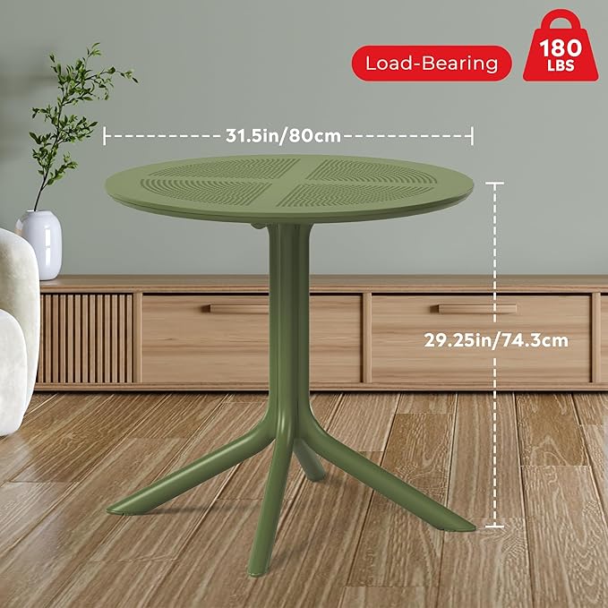 Costaelm Small Patio Table, Outdoor Round Dining Table, Weather Resistant Outside Table for Poolside Deck Lawn Garden Backyard, Olive Green