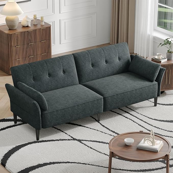 89” Futon Sofa Bed, Comfy Futon Couch Bed with 2 Square Pillows,Convertible Sleeper Sofa with Adjustable Backrest& Armrests, Modern Loveseat Sleeper for Living Room,Velvet Fabric Dark Gray