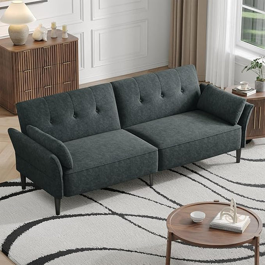 89” Futon Sofa Bed, Comfy Futon Couch Bed with 2 Square Pillows,Convertible Sleeper Sofa with Adjustable Backrest& Armrests, Modern Loveseat Sleeper for Living Room,Velvet Fabric Dark Gray