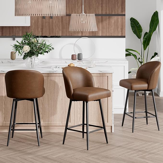Counter Height Bar Stools Set of 2,360° Swivel Barstools with High Back and Metal Legs,26" Seat Height, Upholstered PU Leather Bar Chairs for Kitchen Island, Dining Room,Cafes,Yellow Brown
