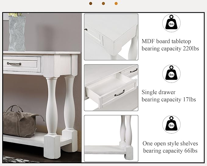 LKTART Solid Wood Console Table for Entryway,Long Sofa Table with 3 Drawers for Hallway,Foyer,Entry,Easy Assembled (63" Antique White)