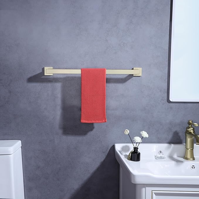 LANC 2-Pack Brushed Gold Bathroom Towel Bars 23.6-Inch Bath Towel Rail Square Towel Racks Kitchen Towel Holders Stainless Steel Wall Mount Towel Hanger Towel Rods,A8804-6BG