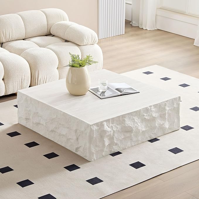 Square Coffee Table, 35.43" Imitation Stone Coffee Table Fiberglass Side Accent End Unique Center Table for Living Room Bedroom Apartment Office, Beige