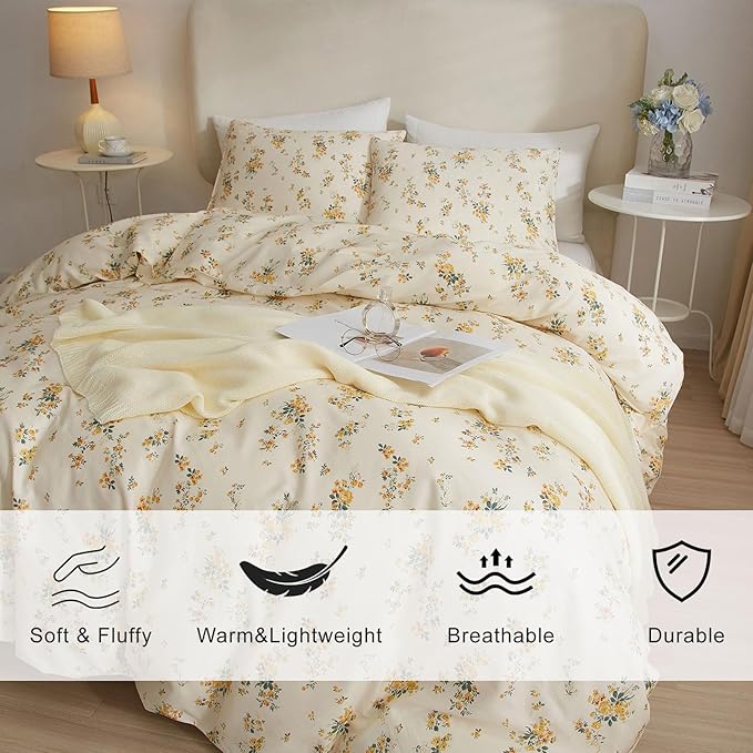EAVD Fresh Yellow Floral Comforter Set Twin XL White Soft Microfiber Chic Floral Bedding Set 1 Twin XL Comforter and 2 Pillowcases Garden Botanical Comforter Set for All-Season