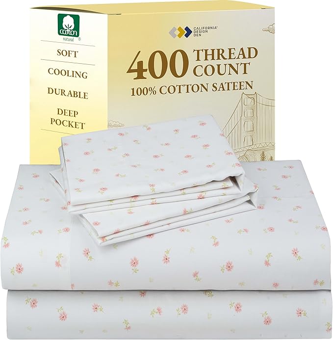California Design Den Floral Print King Size Sheets Set - Luxury 400 Thread Count Sateen, Natural 100% Cotton Sheets King Size, Deep Pockets, Cooling and Durable Bedding Set - Soft Floral